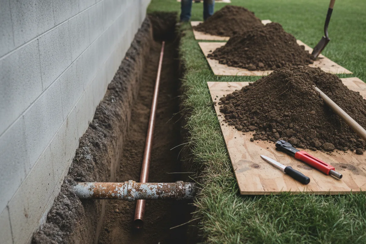 Excavated water line trench during Water Softener Installation in Pawnee